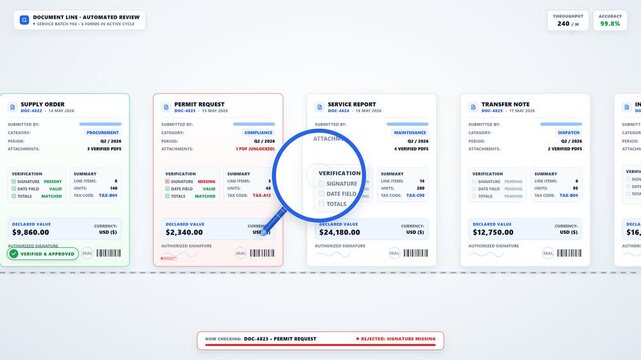 Automated digital document review line process with magnifier glass. 4K Video