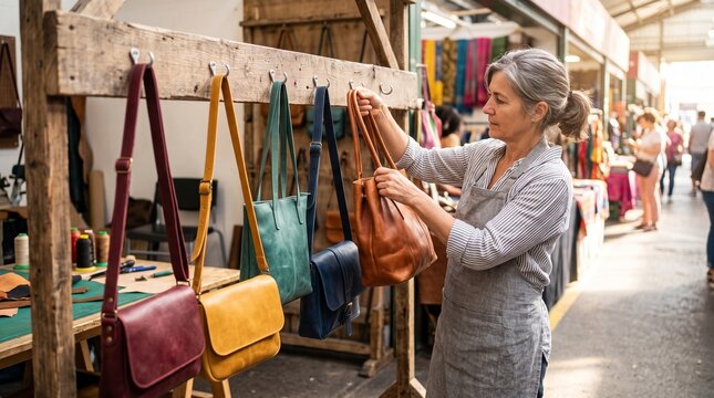 Artisan hangs finished leather bags, Colorful market workshop display