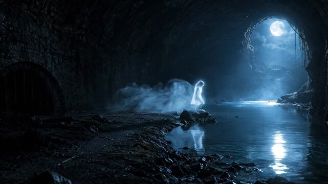 Ghostly figure in white dress walking through a dark cavern under a full moon with water reflection