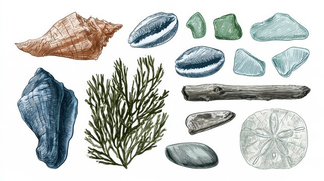 A collection of ocean and beach items like conch shell, cowrie shells, sea glass, and driftwood on a white background.
