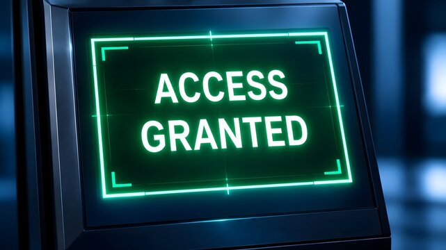 Glowing green access granted text on futuristic digital security terminal screen