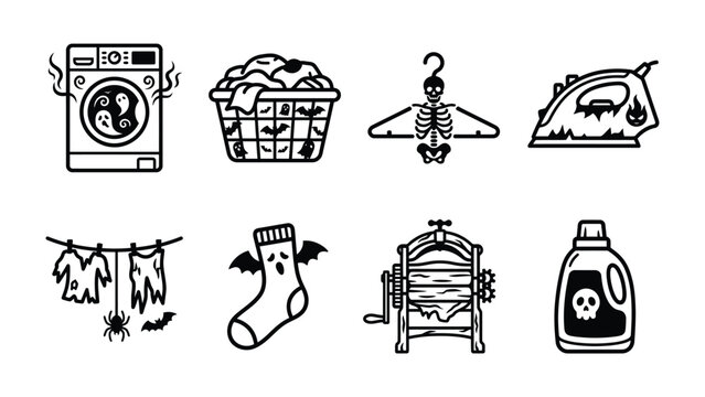 Spooky Laundry Day Icons: A collection of playful yet eerie icons depicting a washing machine, laundry basket, hanger, iron, clothesline, sock, washboard, and detergent bottle.