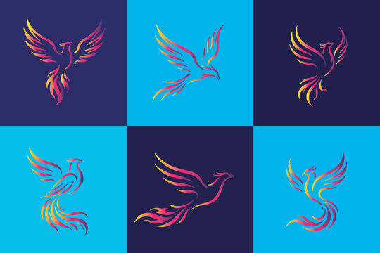 Collection of stylized phoenix illustrations with vibrant gradient colors against contrasting backgrounds.