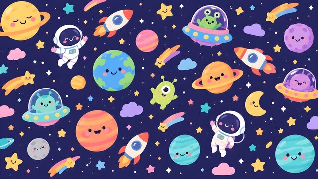 Cute Cartoon Outer Space Pattern with Planets, Astronauts and Aliens