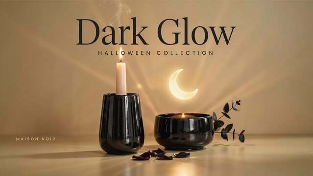Minimal black ceramic candle holders and a white pillar candle, &ldquo;Dark Glow Halloween Collection&rdquo; text on soft beige with a crescent moon