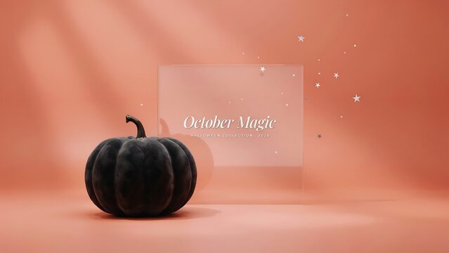 Matte black pumpkin beside a frosted glass panel reading &ldquo;October Magic&rdquo; on a warm peach background with floating sparkles