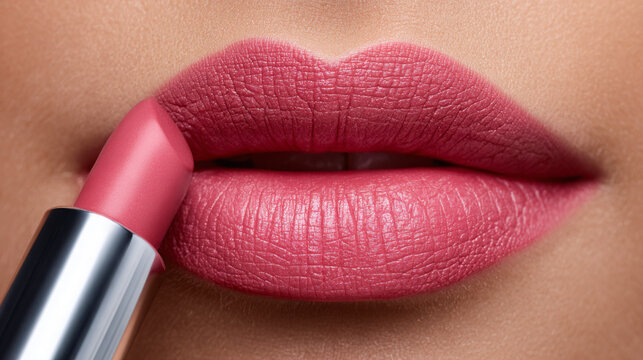 Closeup of pink lipstick touching textured lips with smooth matte color and detailed skin, beauty cosmetics application, horizontal macro portrait of human mouth