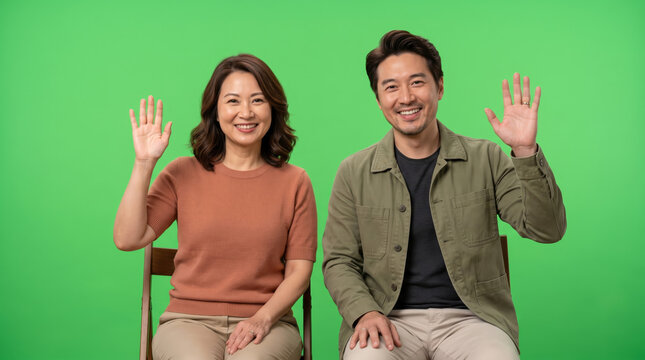 Friendly Asian couple waving hello against a green screen background