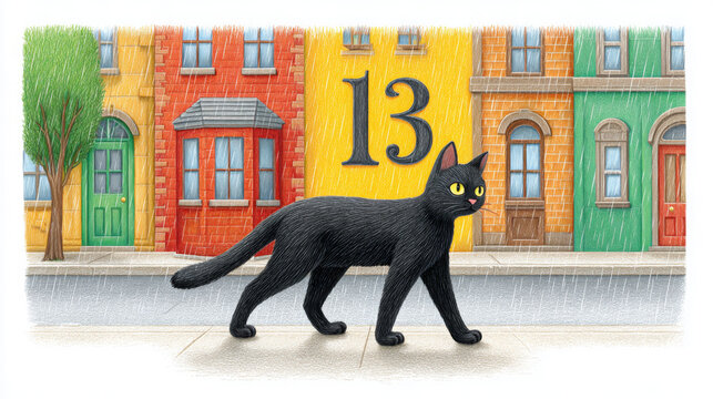 Black cat walking past colorful row houses beneath a large number thirteen in a whimsical hand drawn street illustration