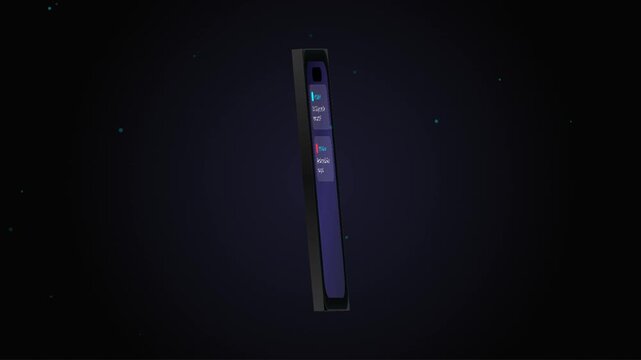 High-tech 3D rendered smartphone rotating smoothly in dark space while animated notification pop-up bubbles and glowing icons appear on the screen. Represents modern mobile app interface, social media