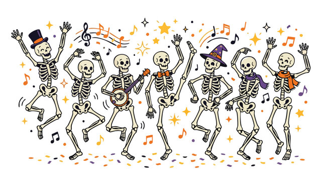Halloween skeletons dancing for a retro rainbow Halloween poster background vintage style