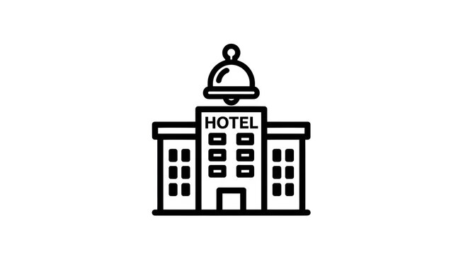 Minimalist black outline hotel icon with a bell symbol above the building representing hospitality services on transparent background flat