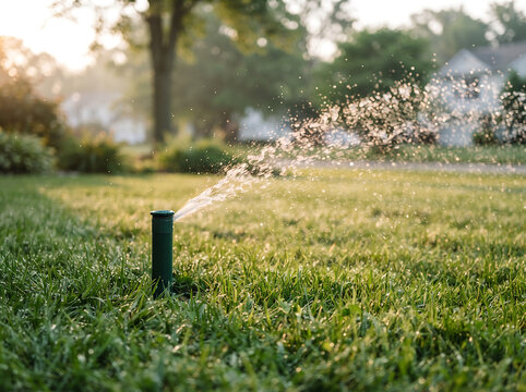 Pop-up sprinkler watering a lush green lawn in early morning light