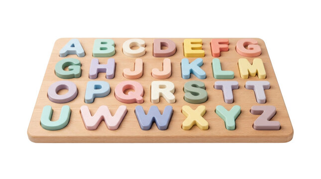 Wooden alphabet puzzle board with pastel colored letters arranged for early childhood education and learning