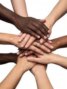 Diverse Hands Stacked Together in a Teamwork Gesture.Close-Up of Hands different skin tones Joined Together on White Background