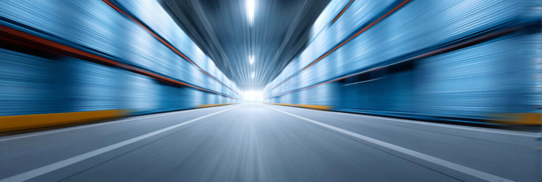 Abstract motion blurred blue tunnel with converging illuminated ceiling lights, gray roadway, and vivid perspective lines creating futuristic urban transportation background