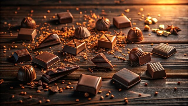 A delectable assortment of dark chocolate squares, bonbons, and shavings rests on a rustic wooden surface, bathed in warm, golden light.