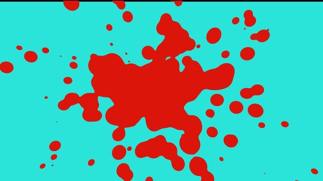 Abstract red splash with scattered droplets on a vibrant turquoise background