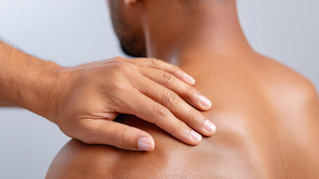 Close up of hand touching bare upper back and shoulder, showing skin texture and gentle contact against neutral background, intimate human body detail