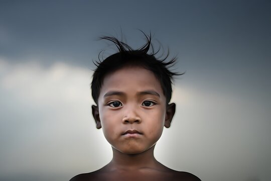 Young boy looking straight with serious expression