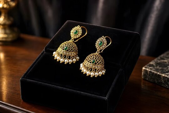 traditional golden jhumka with white and green perals in black box