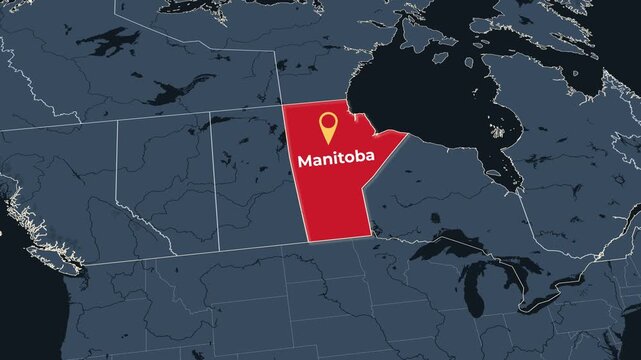 Animated map of Manitoba, Canada, highlighting the province, Animated map of Manitoba, Canada, highlighting the province boundary and location within Canada. Useful for geography, education, regional 