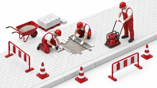 Isometric 3D illustration of three workers leveling a sand base, laying paving blocks, and operating a plate compactor on a sidewalk. Safety barriers, traffic cones, a wheelbarrow, and stacked pavers 