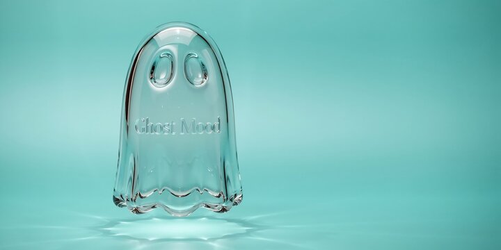 Clear glass ghost-shaped bottle labeled &ldquo;Ghostly Brew&rdquo; on a soft turquoise background