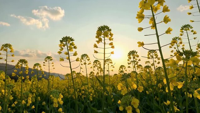Cinematic low-angle 4K time-lapse framing a vast field of bright yellow rapeseed canola flowers blooming vibrantly against the backdrop of a glowing golden sun rising over a clear sky