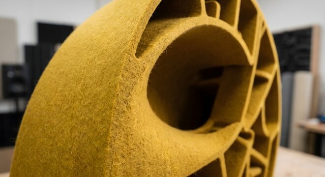 Macro of a massive asymmetric acoustic metamaterial shell in matte mustard yellow