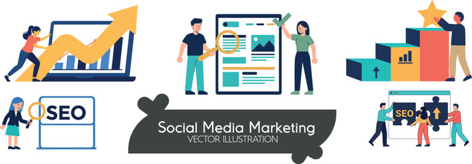 Fototapeta premium Flat social media marketing and SEO concepts set featuring search optimization, website growth, rating, and analytics.