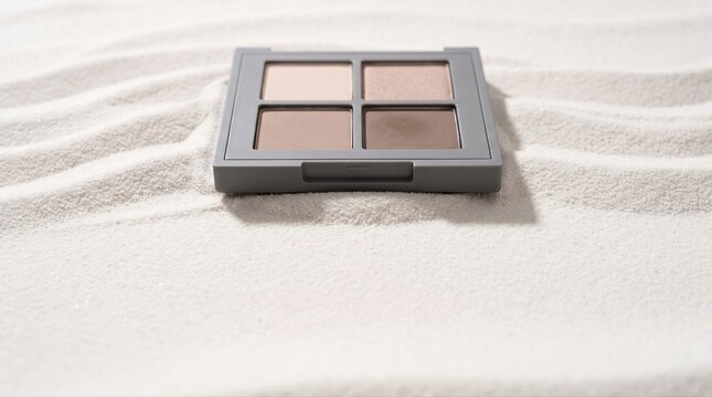Neutral eyeshadow palette displayed on textured white fabric in soft light, highlighting makeup product presentation and modern beauty trends.