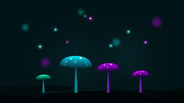 Magical glowing mushrooms in a dark fantasy forest with floating particles