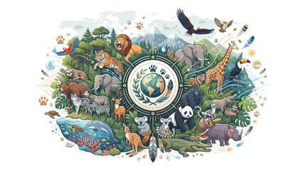 Fototapeta premium Global biodiversity and wildlife conservation illustration with diverse animals around earth globe