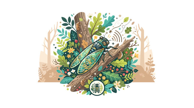 Detailed Vector Illustration of a Cicada on a Tree Branch with Forest Leaves and Shells Background