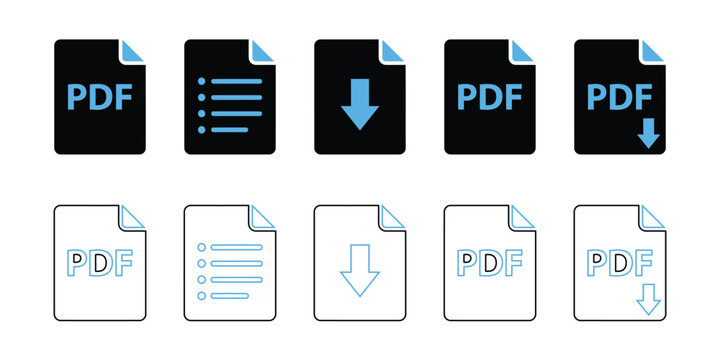 Digital pdf document icons in a sequence showing download and file format options