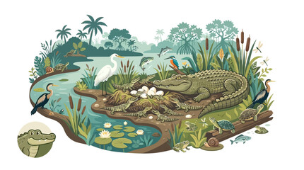 Obraz premium Detailed Illustration of a Wetland Ecosystem with a Mother Crocodile, Hatching Eggs, and Swamp Animals