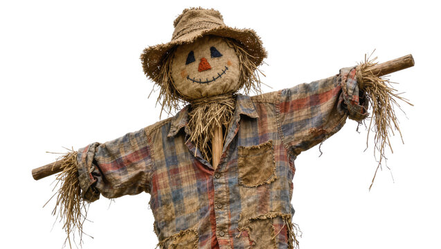 Friendly scarecrow with straw stuffing and plaid shirt, isolated on transparent background