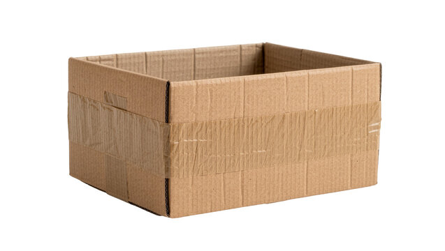Empty brown corrugated cardboard box with tape, isolated on transparent background