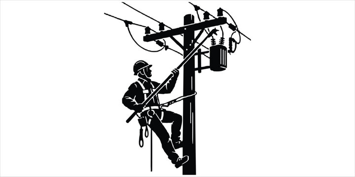 Silhouette of an electrician climbing a utility pole with tools and equipment lineman power lines