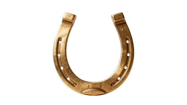 Shiny golden horseshoe with nail holes, isolated on transparent background