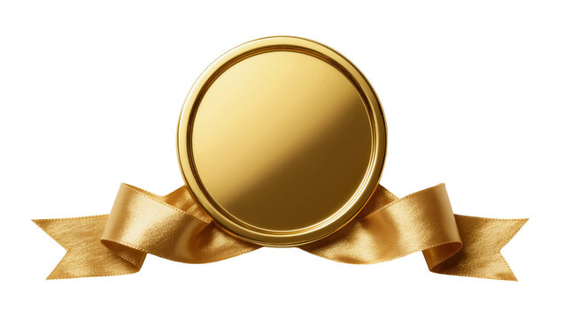 Shiny golden medal with satin ribbon, isolated on transparent background