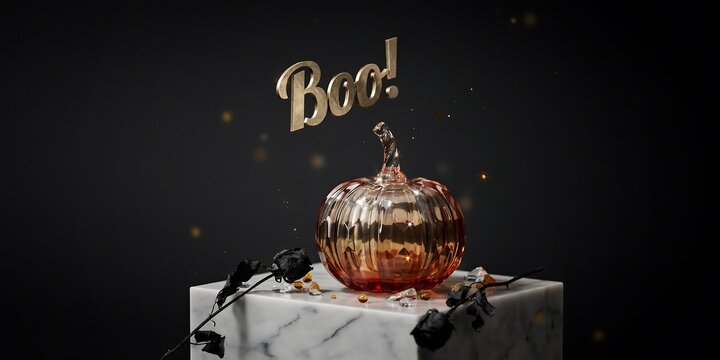 Glossy copper pumpkin with gold &ldquo;Boo!&rdquo; text sitting on a white marble pedestal against a dark background with subtle spiderwebs