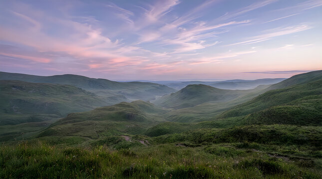 Breathtaking panoramic view of green rolling hills during a serene sunrise with soft colorful clouds in the sky