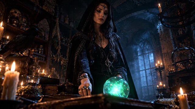 Halloween witch holding a glowing crystal ball in a dark candlelit gothic room
