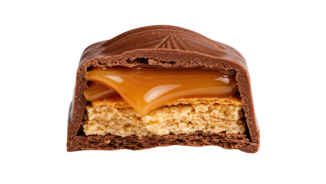 Chocolate bar with caramel and nougat layers, isolated on transparent background