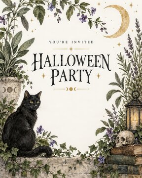 Halloween party invitation with black cat, crescent moon, floral border, lantern, skull, and antique book decoration for autumn celebration