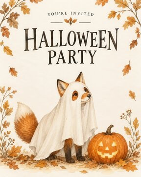Halloween party invitations featuring fox in white ghost costume beside carved pumpkin with autumn leaves and warm festive charm