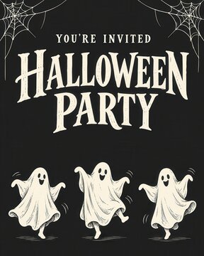 Halloween party invitation with playful dancing ghost characters, vintage lettering, and spiderweb decoration on dark background