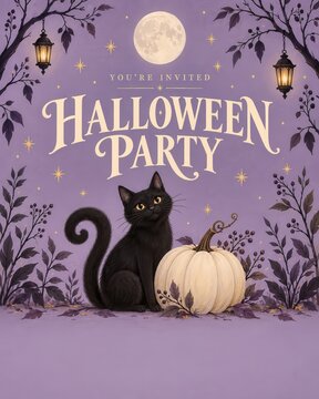 Halloween party invitations featuring black cat and white pumpkin under moonlit purple woodland